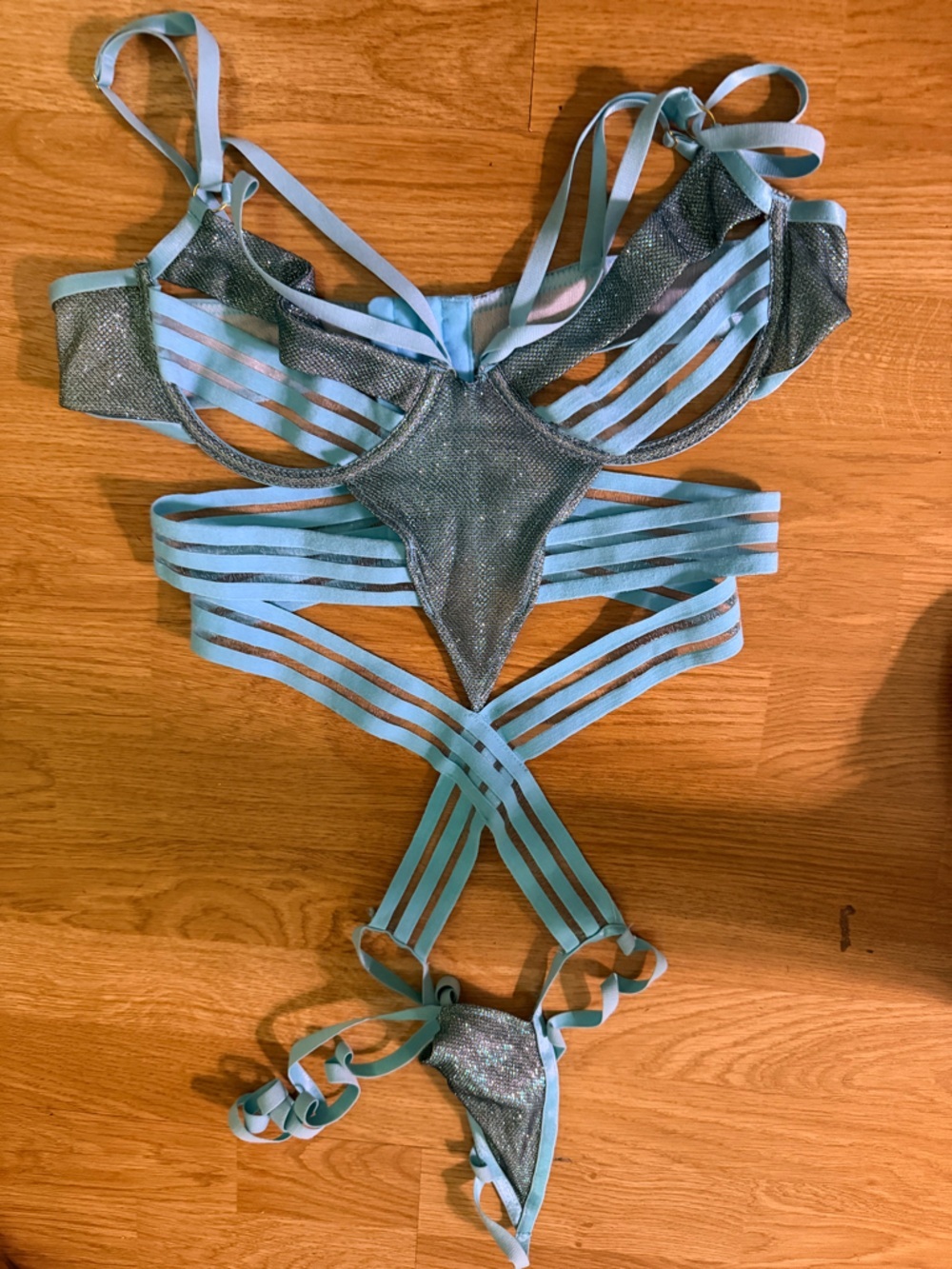 Roma Confidential | Light Blue Strappy Shimmer Bondage Teddy, medium. Worn once